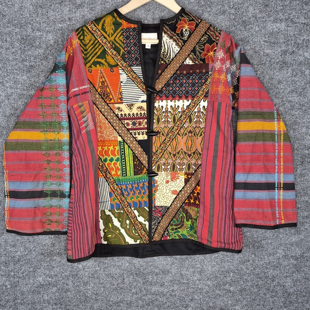 Neiman Marcus Vintage Women's Patchwork Jacket Boho Festival Wooden Button Small - Picture 1 of 7
